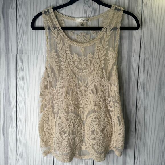 Ivory Embroidered Lace Top Womens Small Say WhatSheer Festival Hippie Boho Tank - Picture 1 of 6